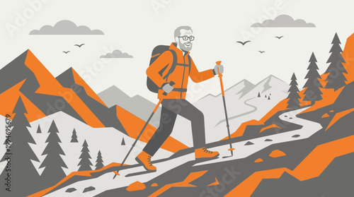 Man hiking on mountain trail with skis and poles in winter landscape