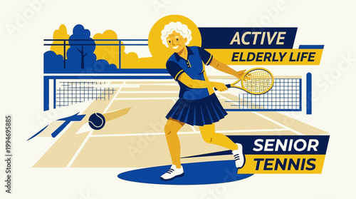 Active elderly woman playing senior tennis on outdoor court enthusiastically