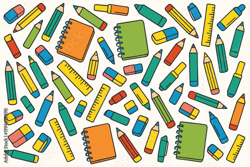 Kids Stationery Pattern Repeating color pencils markers erasers rulers and notebooks for school supplies wrapping paper and fabrics.