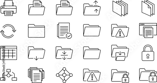 Set of 24 folder outline icons. Linear file and document folder icon collection with editable stroke vector illustratio eps