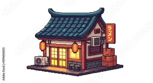 This charming pixel art vector features a traditional Japanese ramen shop with glowing interiors, red lanterns, and a classic tiled roof.