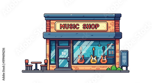 A charming vector illustration of a cozy music shop storefront featuring three guitars displayed in the window and outdoor seating area.