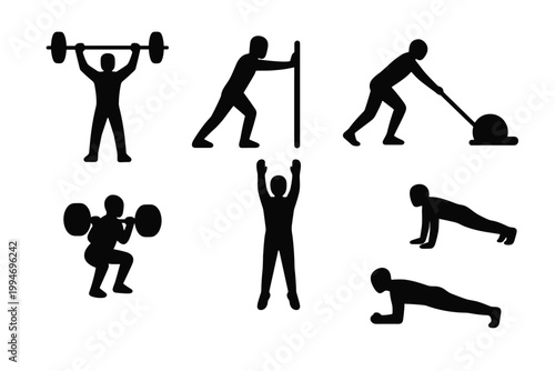 Silhouettes of basic strength moves like lifting pushing pulling squatting hinging jumping and bracing for fitness guides.