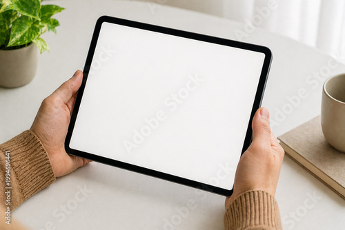 Close-up of hands holding tablet with blank screen, digital mockup concept, minimal background, soft natural light, clean composition.