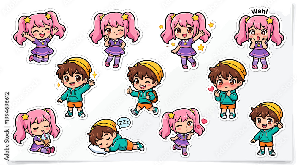 Fototapeta premium A group of children with pink hair and brown hair are depicted in various playful poses and outfits.