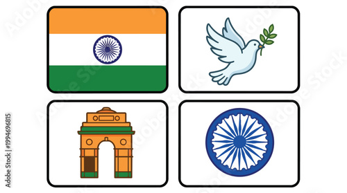 Indian national symbols and peace dove illustration set representing patriotism, freedom, and cultural heritage for Independence Day celebrations