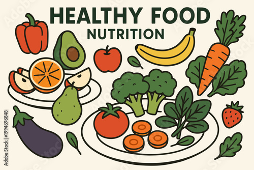 Healthy food nutrition vector A4 poster illustration fruits veggies plates.