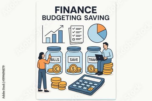 Finance budgeting saving vector A4 poster with money jars charts and characters planning expenses.