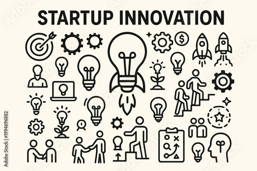 Startup innovation pitch vector icons poster with bold headline and lightbulb rocket symbols.