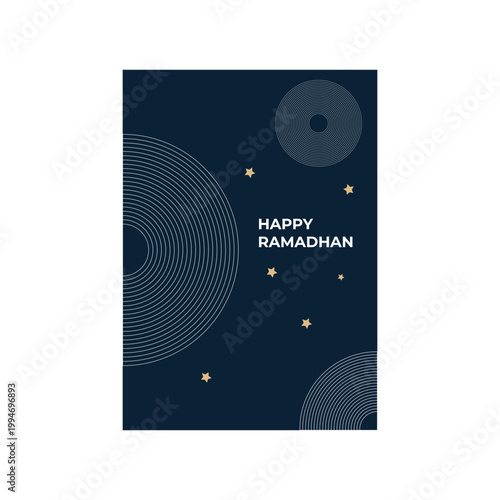 Ramadhan card, Islamic greeting, crescent moon, star pattern, night sky design with elegant minimal layout on dark background for festive wishes and social media templates.