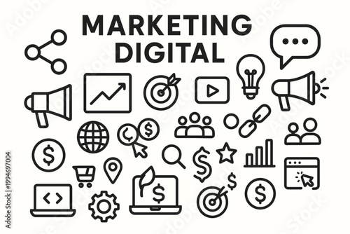 Marketing digital promo vector icons poster featuring headline with share graph and chat icons.