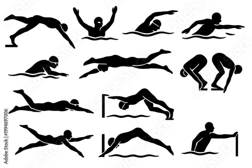 Swimmer athlete silhouette set showing strokes dives turns and finish motions.