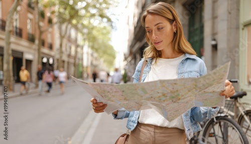 a woman exploring a city, carefully studying a map to navigate the streets and discover new places