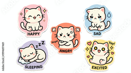 Cartoon cats display various emotions through stickers in colorful scenes.