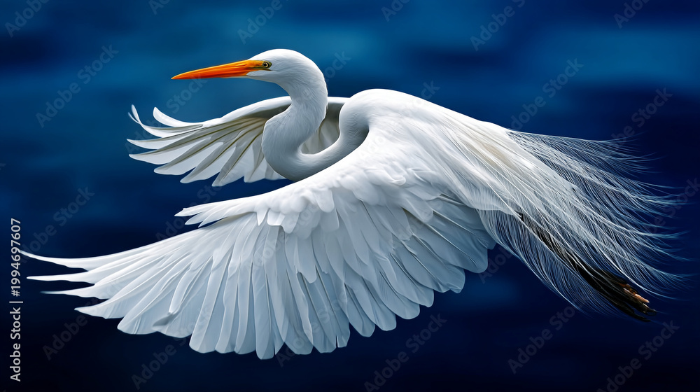 Fototapeta premium Great egret bird with wings spread flying over dark blue water, animal kingdom