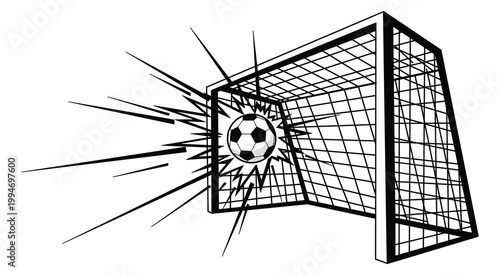 Soccer ball hitting goal net, scoring moment, dynamic line illustration