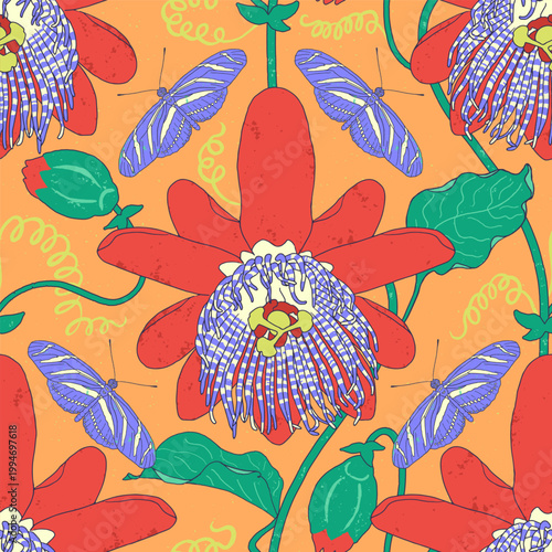 Photography Hothouse seamless pattern with bold red passion flower and blue zebra longwing butterfly