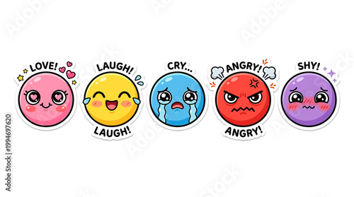 A colorful array of emoticon faces expressing love, laughter, sadness, anger, and shyness.