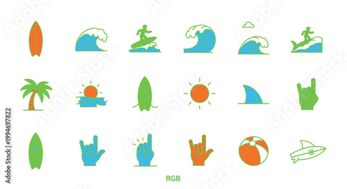 Surfing icons and beach symbols.