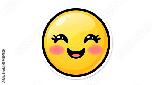 A cheerful emoticon with rosy cheeks and eyelashes smiles brightly.
