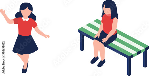 Isometric girl character standing and sitting on bench illustration for daily life activity people lifestyle concept vector design