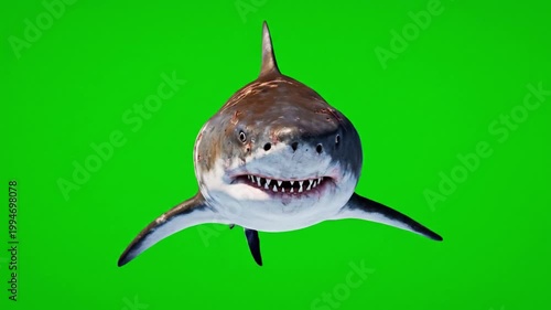Great White Shark Isolated On Green Screen For Marine Wildlife Compositing