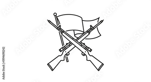 Crossed rifles and flag symbolizing conflict or military action with guns and banner