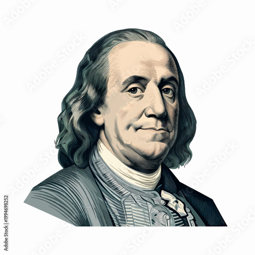 Historical portrait vector of Benjamin Franklin, American statesman, symbolizing U.S. history and finance