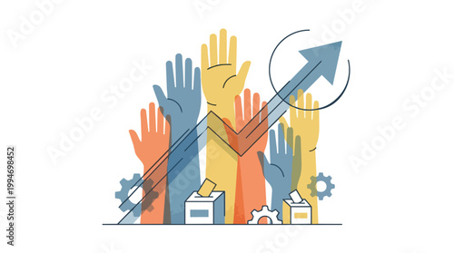 Community participation and democratic process leading to societal progress and growth with raised hands and voting elements