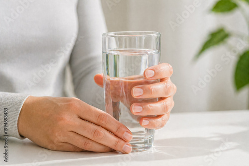 Close-up of hands holding glass of water, hydration and wellness concept, clean minimal background, soft natural light.