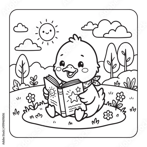 Duckling Reading Book Coloring Page for Kids Cute Kawaii Simple Line Art Fun Design