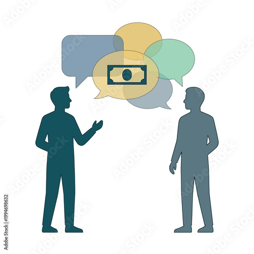 Two People Discussing Finance with Speech Bubbles and Money Concept