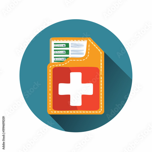 Medical file icon on a teal circle representing healthcare, health, and wellness.
