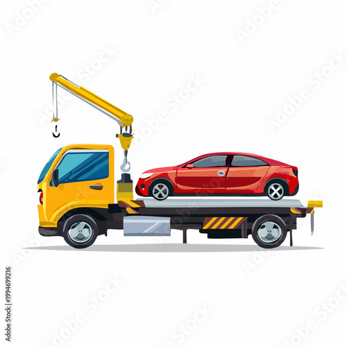 Tow truck carrying a red car, vehicle assistance, graphic illustration
