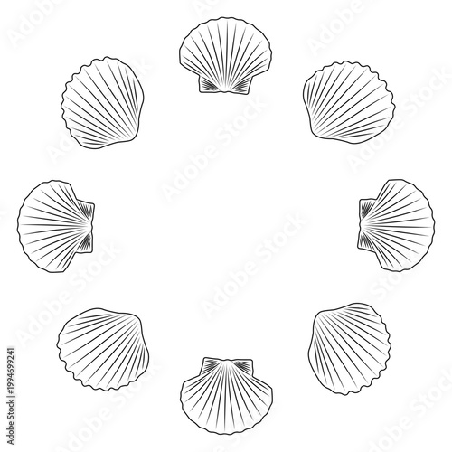Wreath or round frame with scallop seashells and cerastoderma edule seashells outline for greeting cards, banners, flyers, invitations