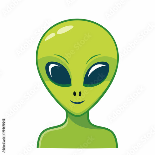 Green alien face portrait with large eyes and a friendly expression, cartoon illustration.