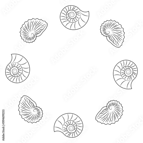 Wreath or round frame with argonauta seashells and   rapana seashells outline for greeting cards, banners, flyers, invitations