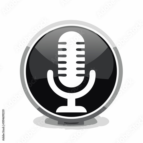 Glossy Microphone Icon: Modern audio recording symbol with silver border and 3D effect