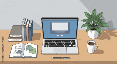 Laptop on a wooden desk.