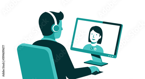 Man on video call with woman on computer monitor