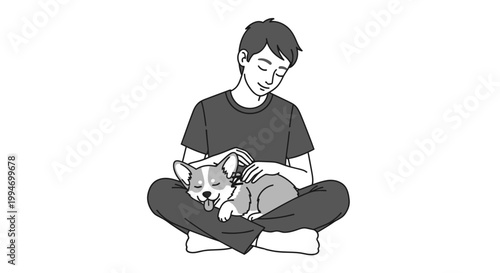 Man gently petting corgi dog sitting cross-legged