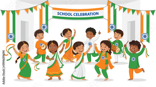 Joyful Indian children celebrating Independence Day at school with traditional dance, music, and vibrant flag decorations, showcasing national pride and cultural festivities.