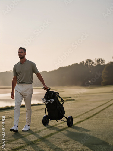 A male golfer walking on a golf course while pulling a golf cart.