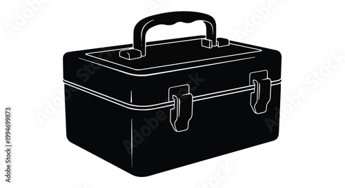 Black briefcase with handle and metal clasps on white background, professional business travel accessory