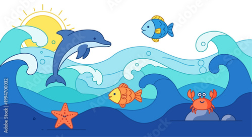 Dolphin jumps over waves with fish and crab in the ocean.