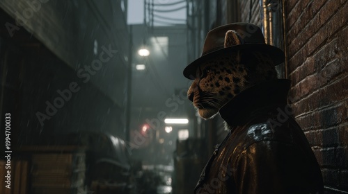 A feline-like figure in a fedora and trench coat observes the rainy urban environment. Deep shadows and ambient light suggest intrigue