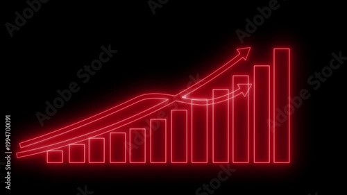 Neon upward bar chart with growth arrows animation