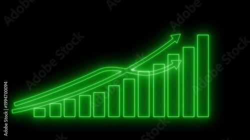 Neon upward bar chart with growth arrows animation