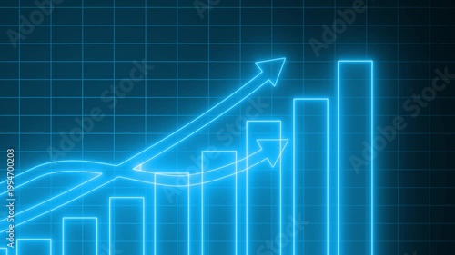 Neon upward bar chart with growth arrows animation