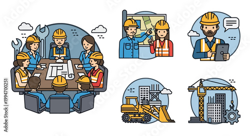 Construction team planning and executing an engineering project.